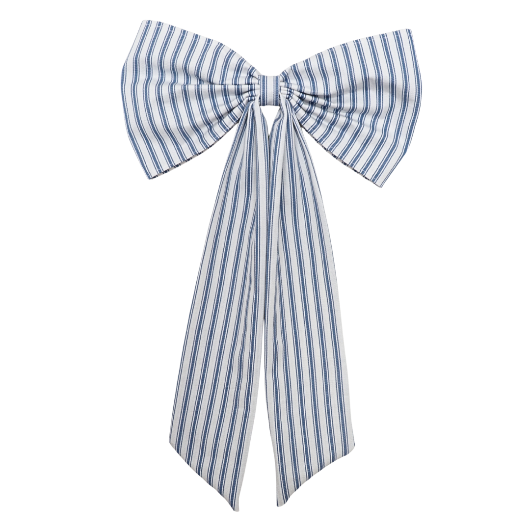 Blue and white striped bow on a white background