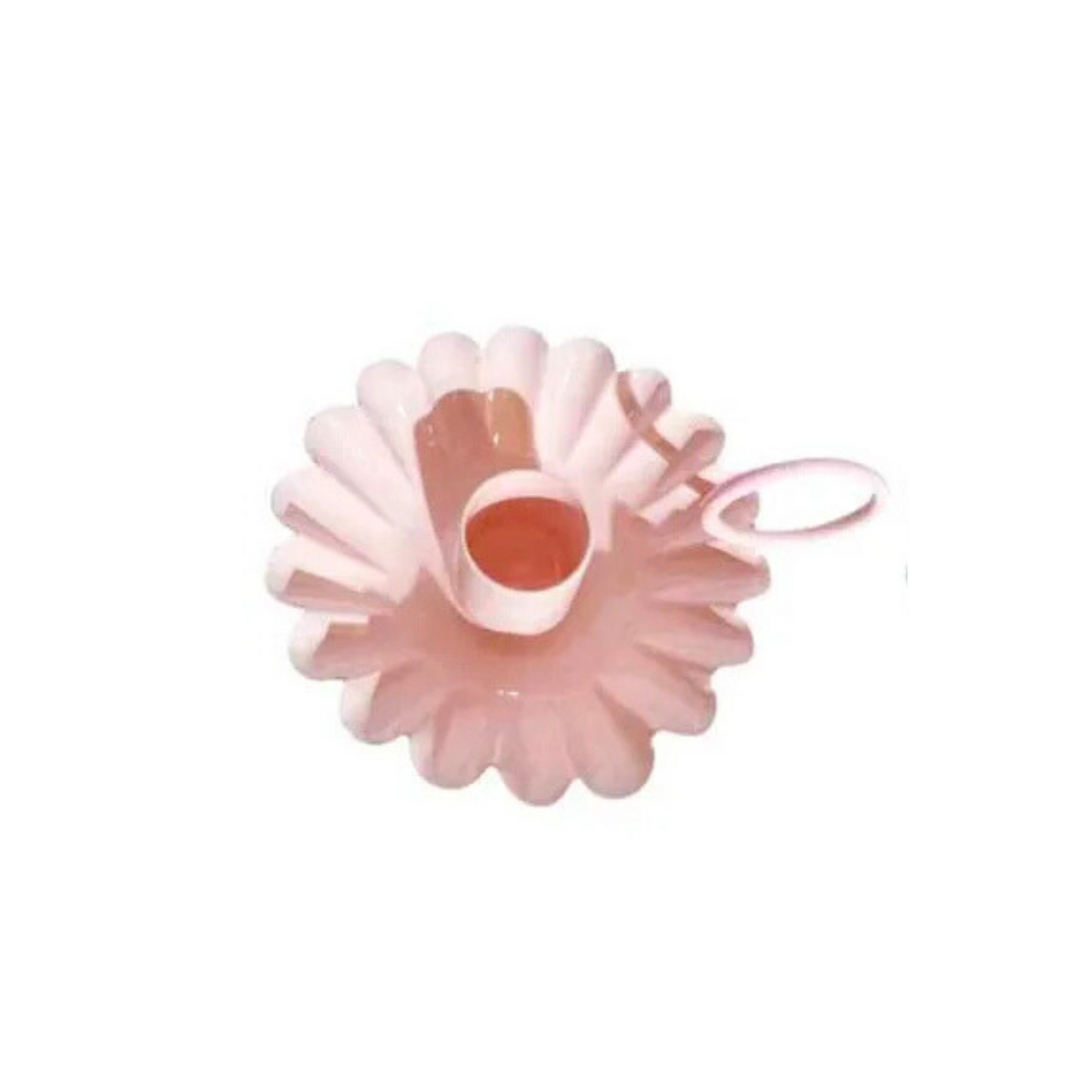 Pink flower-shaped object with a central hole on a white background