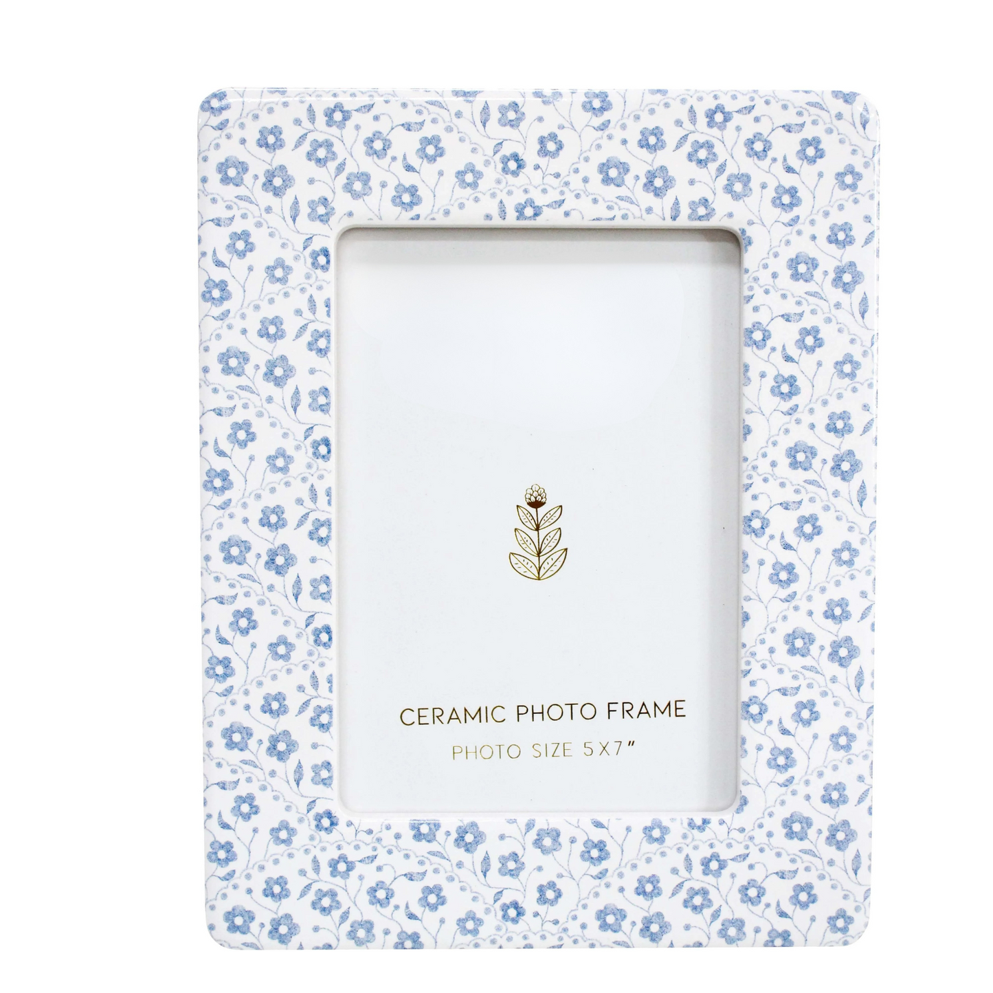 Ceramic photo frame with blue floral pattern on a white background