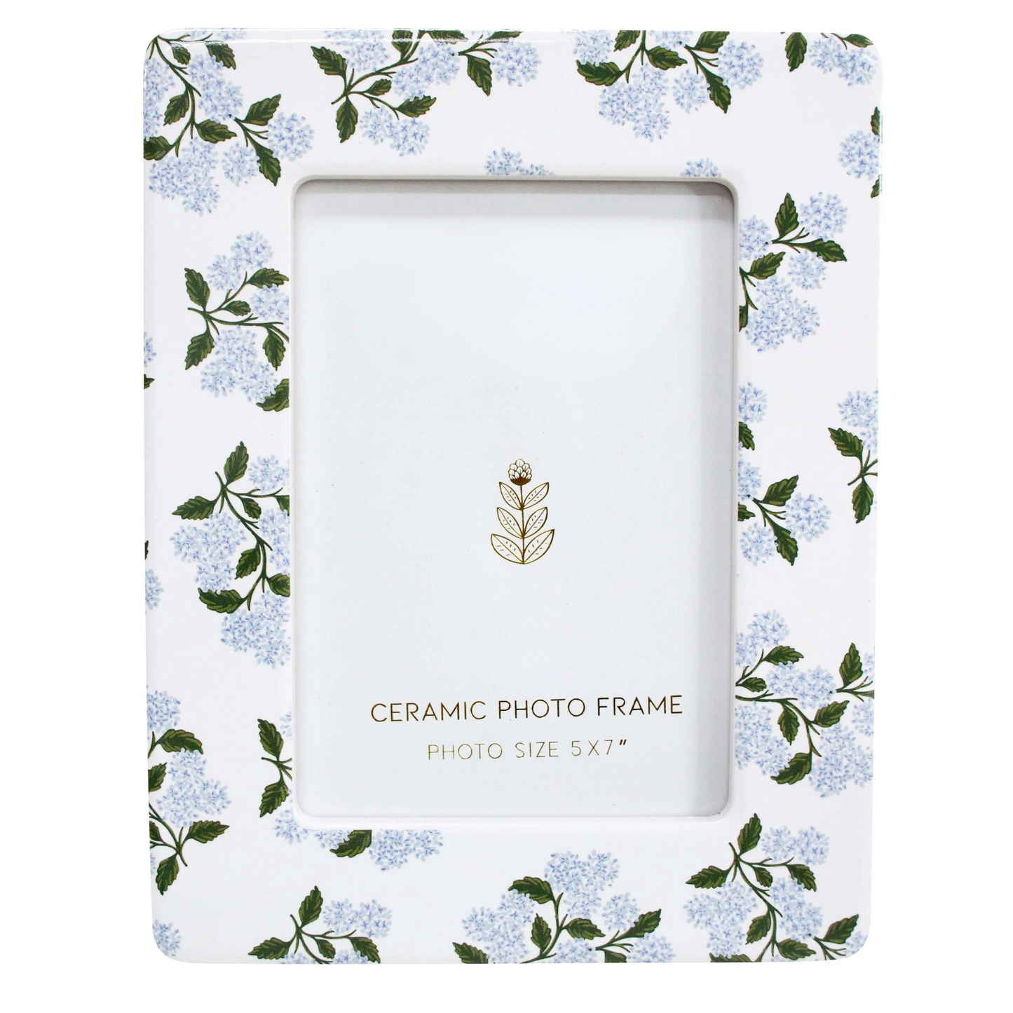 Ceramic photo frame with floral design on a white background