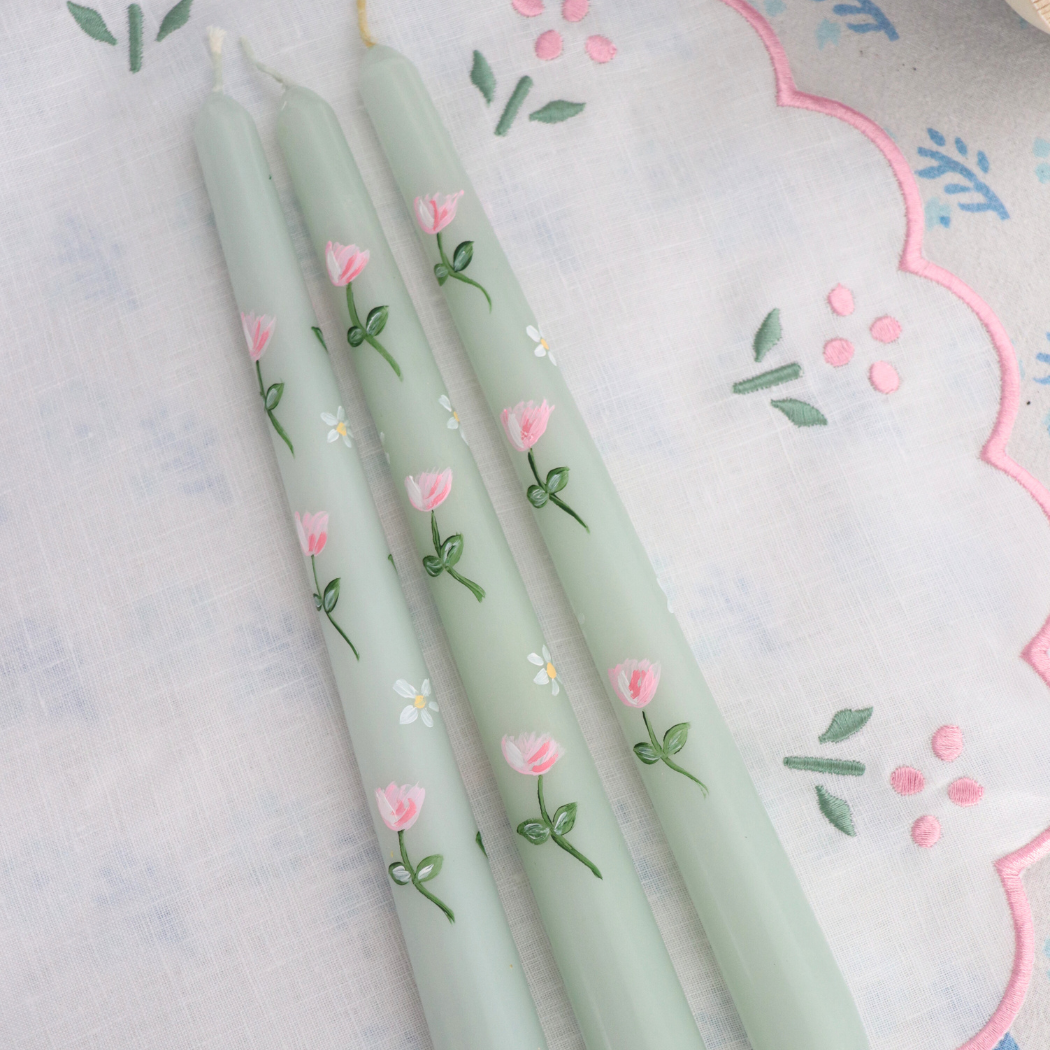 Hand painted candle peony on sage