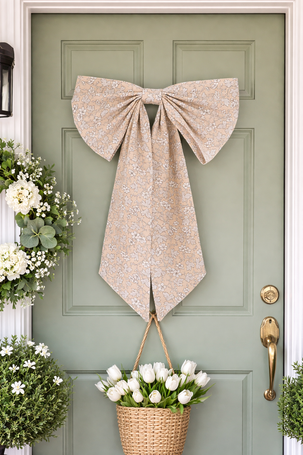 Decorative bow on a green door with flowers and a wreath.