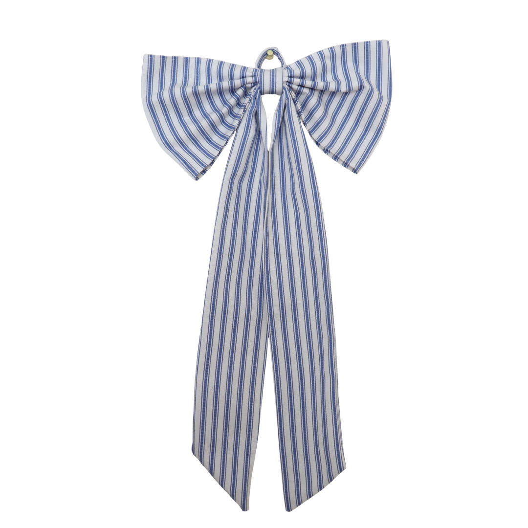 Blue and white striped bow tie on a white background