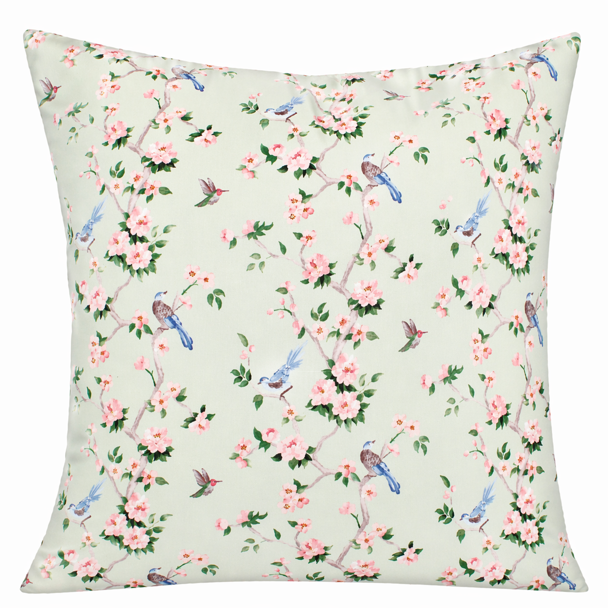 Decorative pillow with floral and bird pattern on a light green background