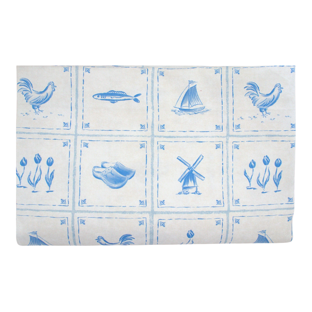 Fabric with blue printed patterns on a white background