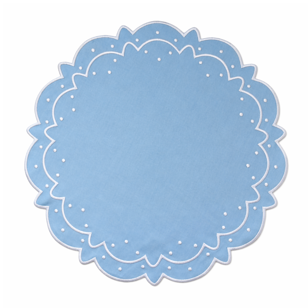 Round blue placemat with white lace border on a white background
