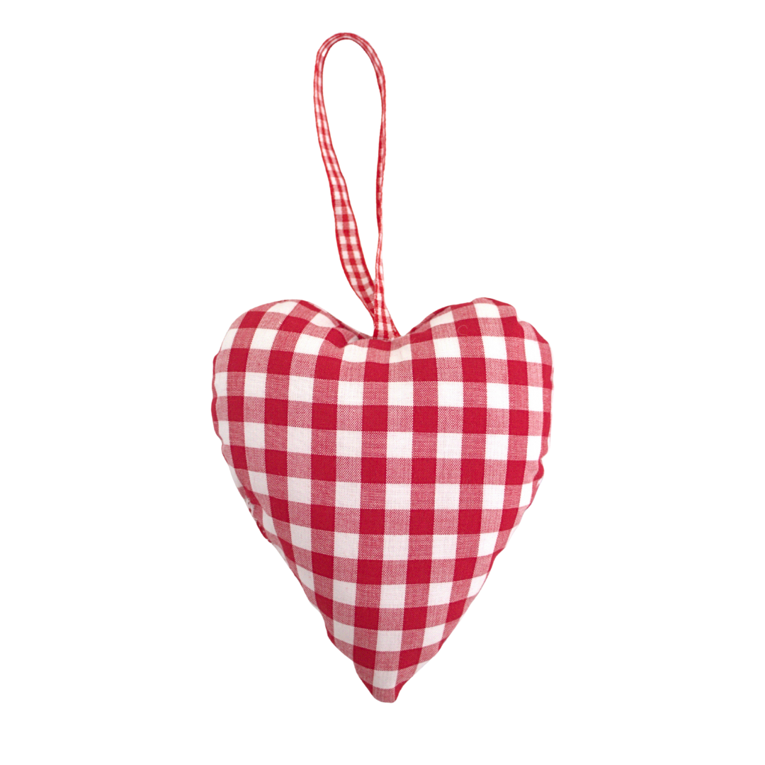 Red and white checkered heart-shaped fabric ornament on a white background