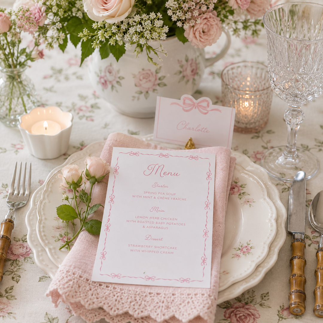 Elegant table setting with floral centerpiece, candles, and menu card on a floral tablecloth.