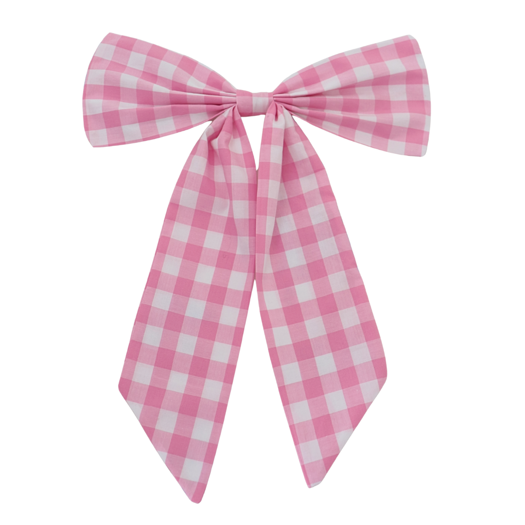 Pink and white checkered bow on a white background