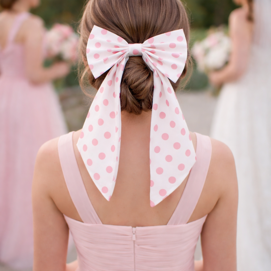 Woman in a pink dress with a large polka dot bow in her hair, standing outdoors.