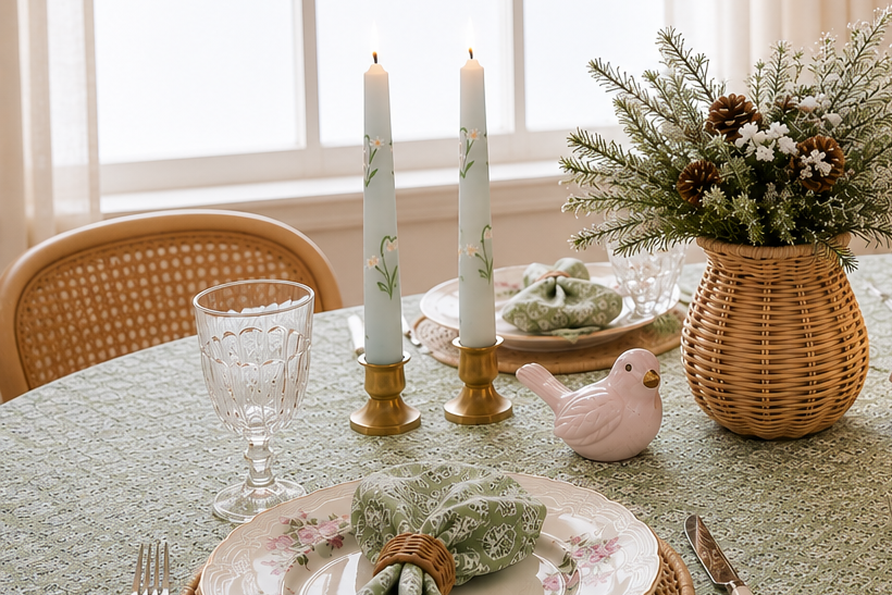 Elegant table setting with floral centerpieces, candles, and decorative plates in a cozy room.