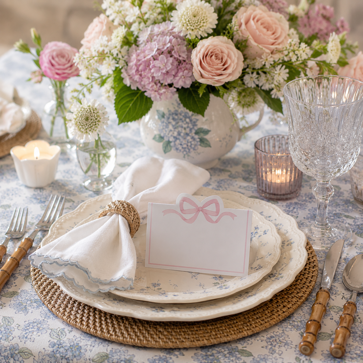 Elegant table setting with floral centerpiece, candles, and decorative plates.