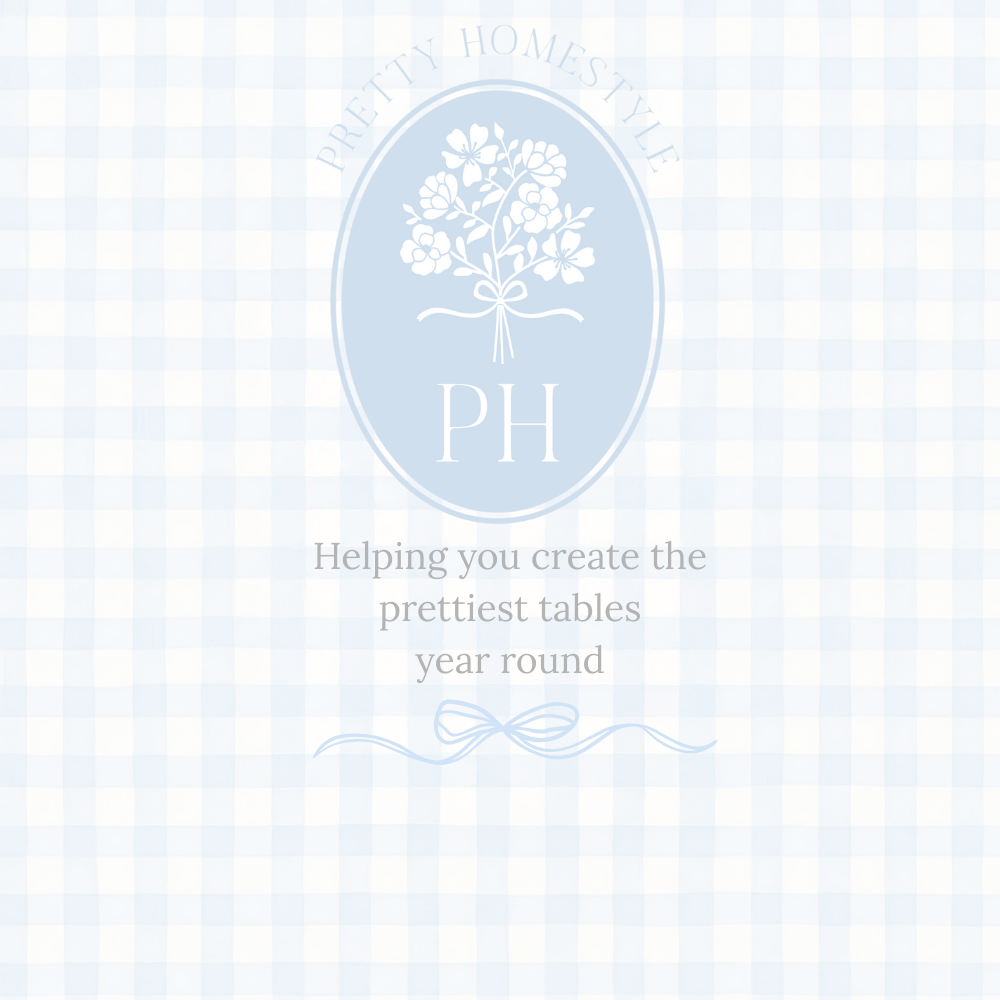 Light blue and white patterned background with a logo and text about table settings.