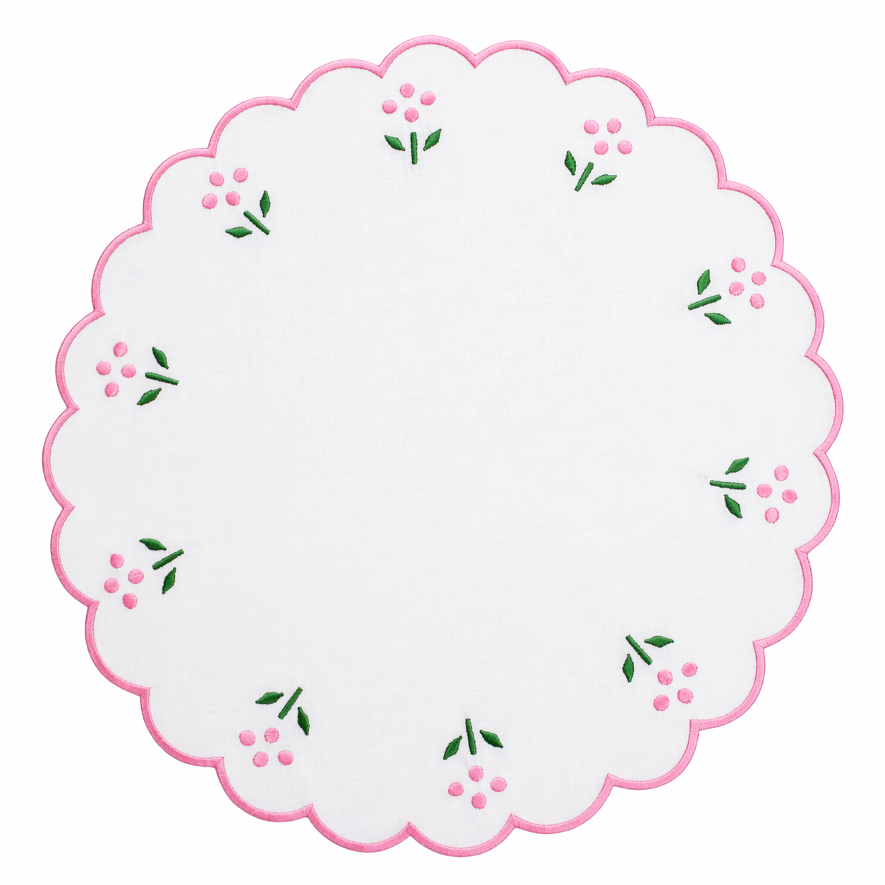 Decorative doily with pink scalloped edge and floral patterns on a white background