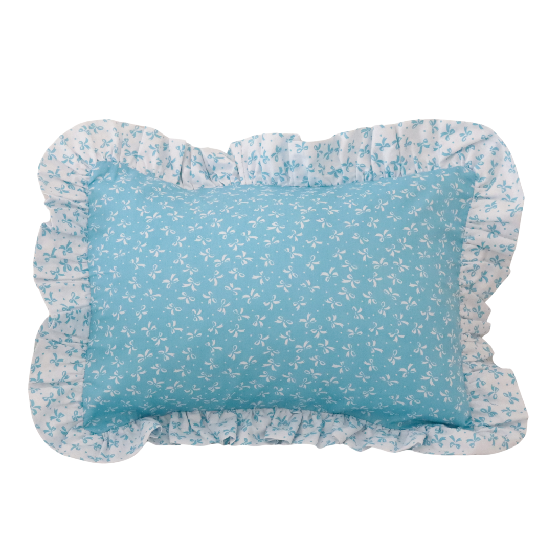 Ruffle bow mini pillowcase white bows on blue