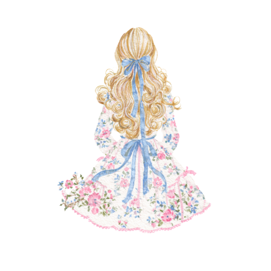 Illustration of a girl with long blonde hair and a floral dress on a white background