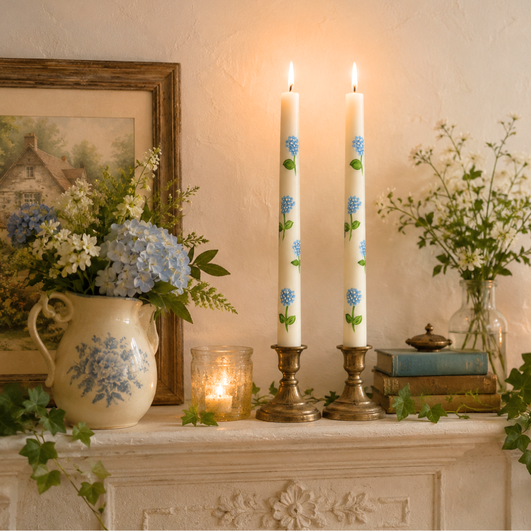 hydrangea candles on the mantle shelf