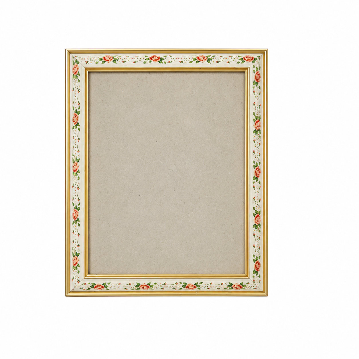 Decorative picture frame with floral border on a white background