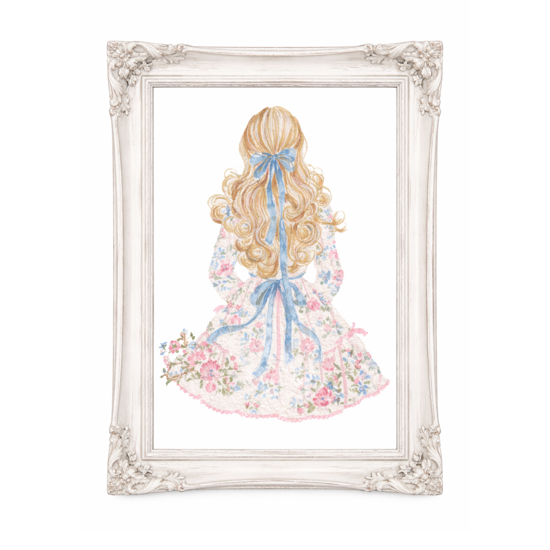 Framed artwork of a woman with long blonde hair and a floral dress on a white background