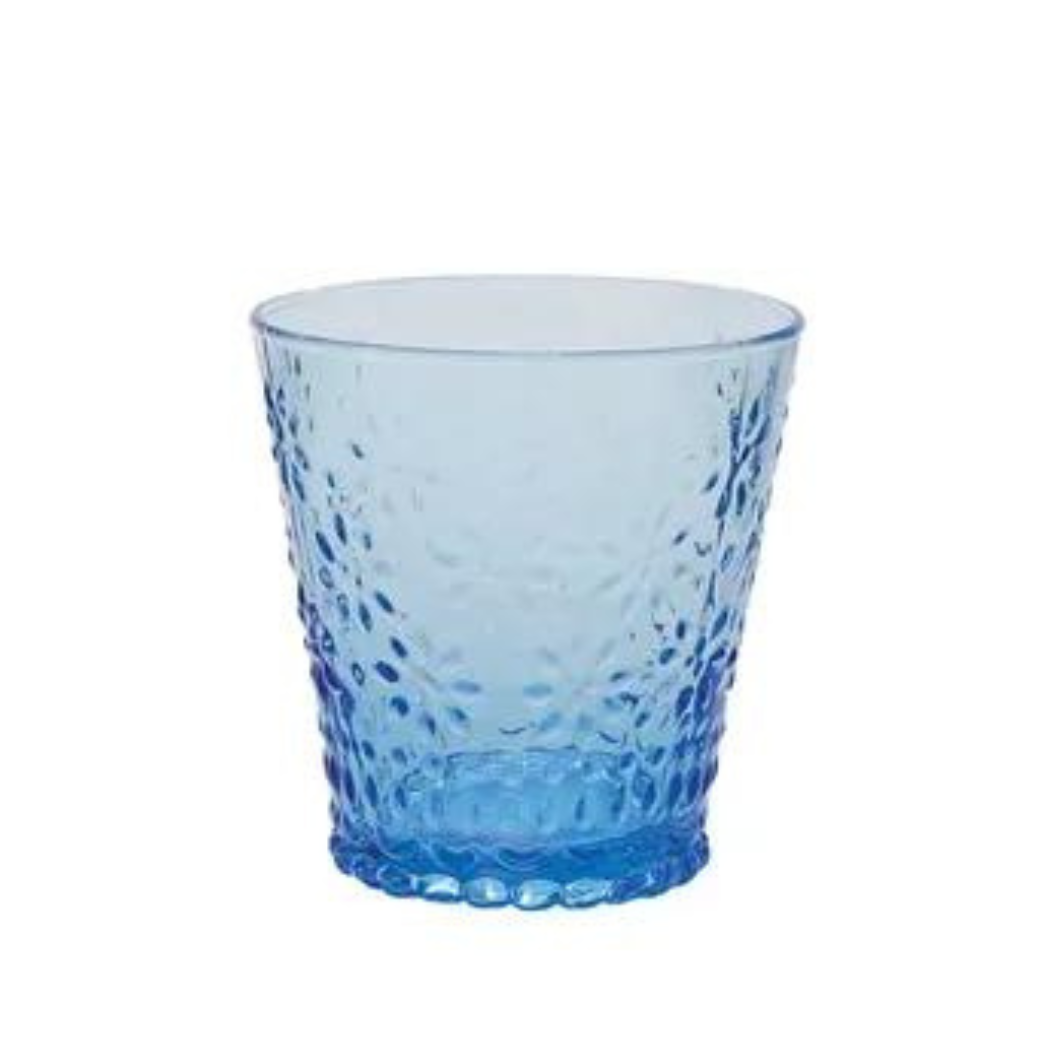 "Set of four light blue floral glass tumblers, height 9cm, styled for dining and entertaining