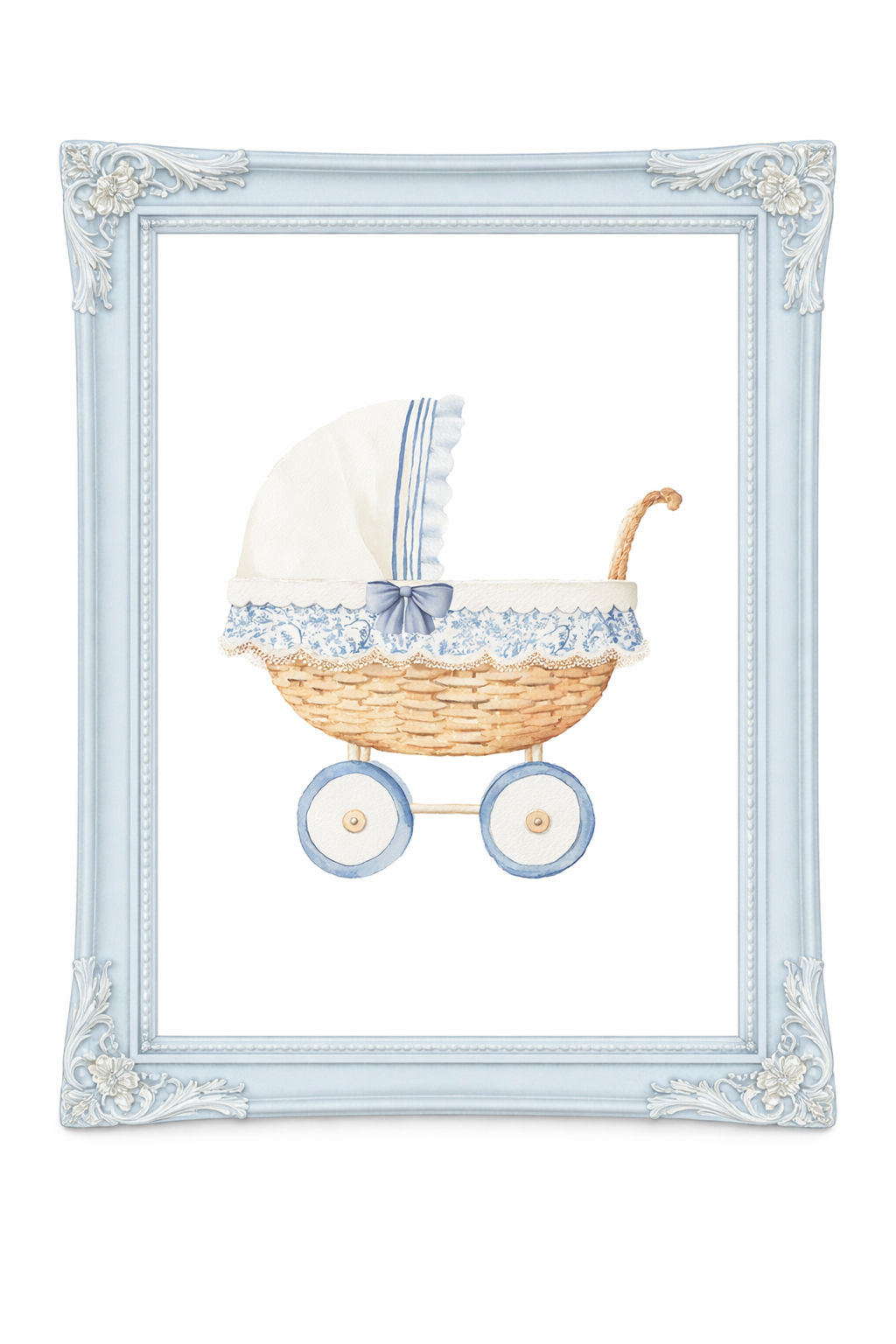Framed artwork of a baby buggy with decorative elements on a white background