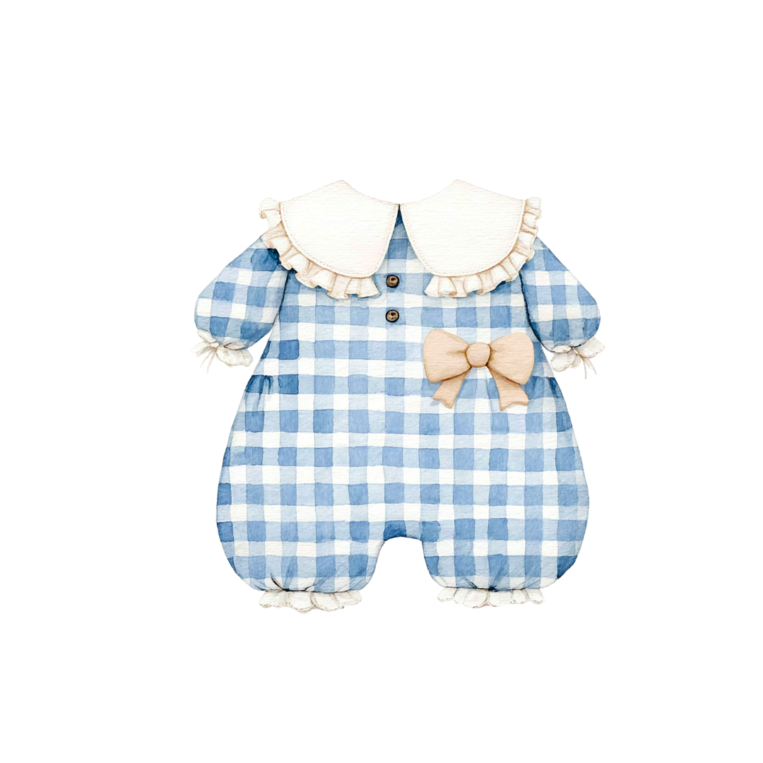 Blue and white checkered baby romper with a bow on a white background