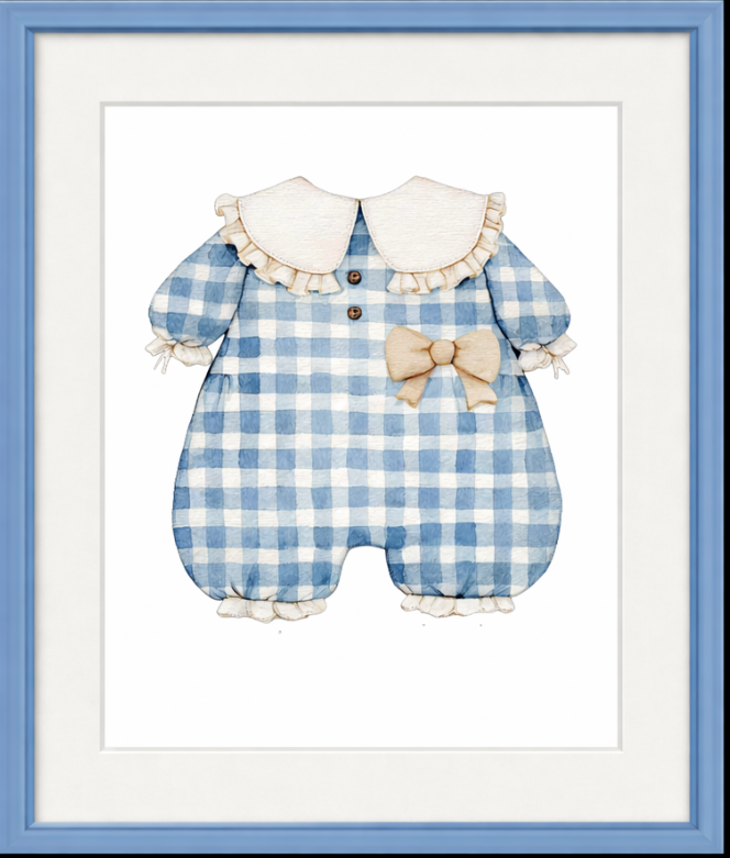 Framed artwork of a blue and white checkered baby romper with a bow on a black background