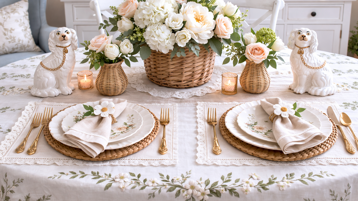 Elegant table setting with floral centerpieces, candles, and decorative dogs.