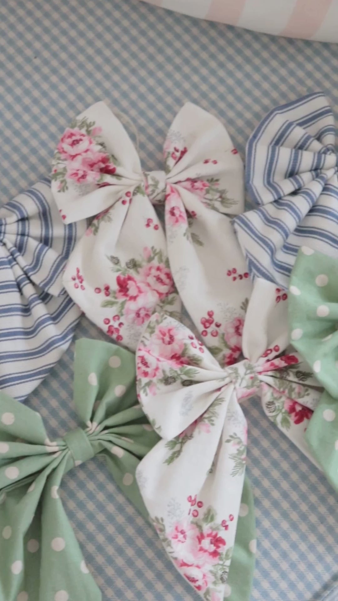 Fabric Bow Bunting Set of 5 – Red Rose & Blue stripe on Cream Ribbon