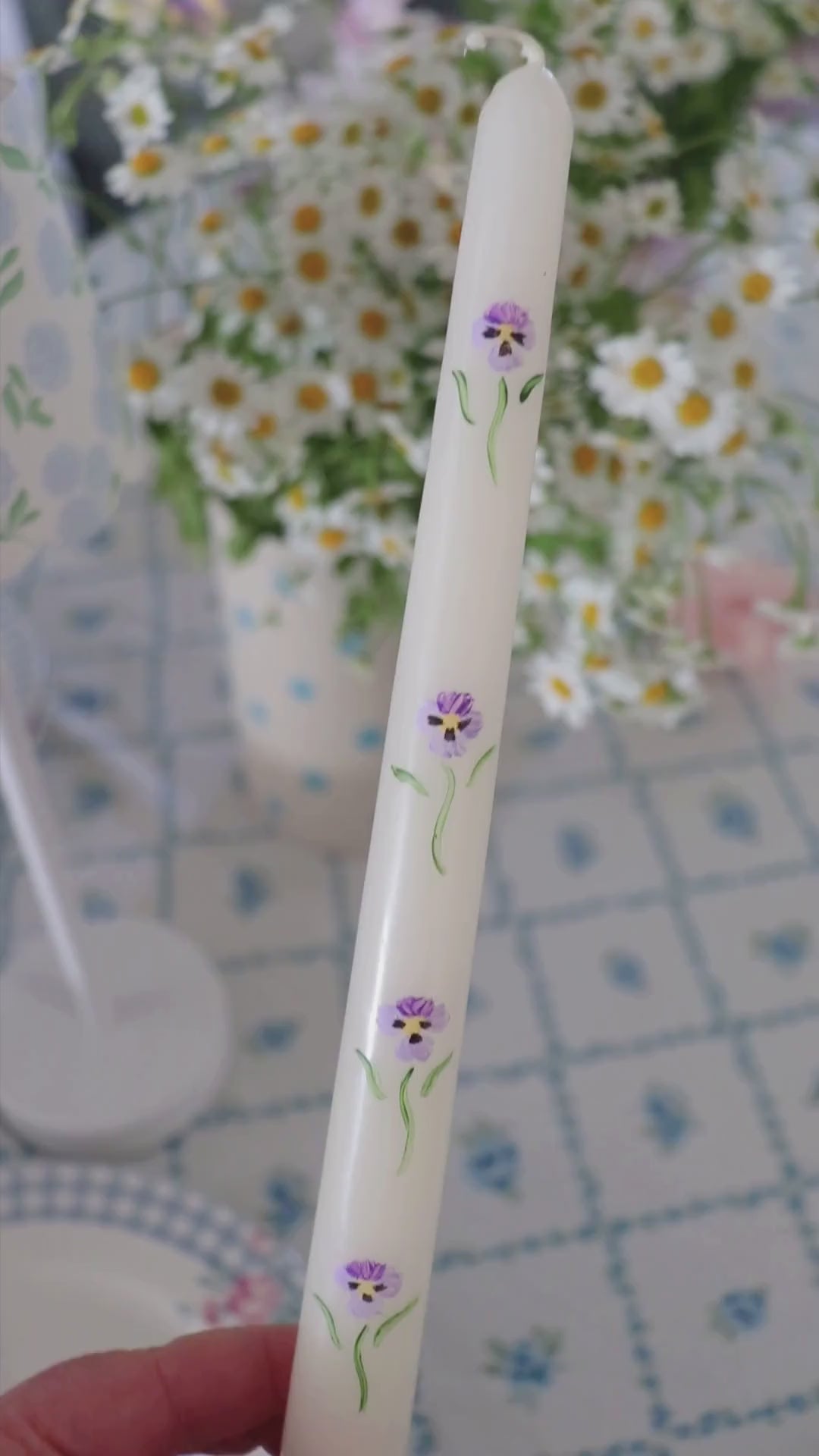 Pansies on Cream Hand Painted Taper Candle Set of 2